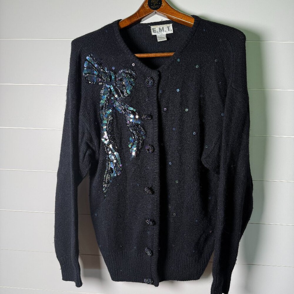 Vintage 80-90s E.M.T. Silk Angora Rabbit Hair Sweater Sequins Beads Black Large